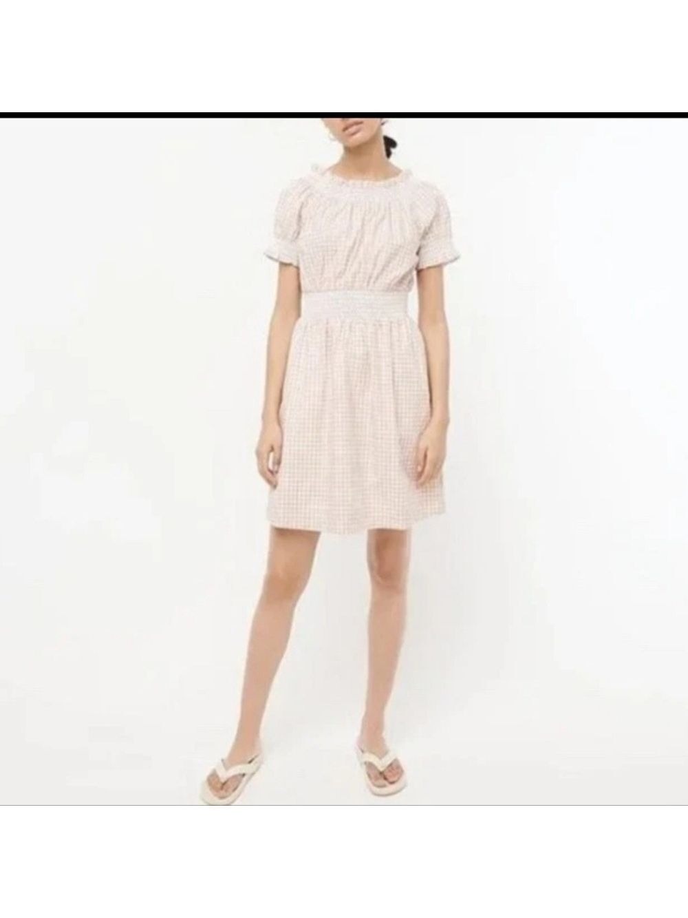 NWT J. CREW Smocked puff-sleeve cotton poplin dress in gingham SZ: XXS Tan White